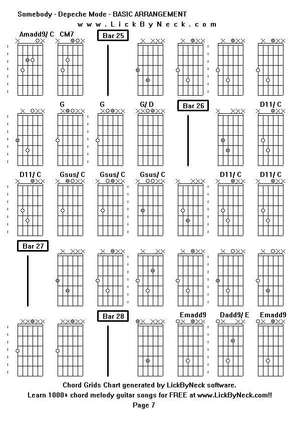 Chord Grids Chart of chord melody fingerstyle guitar song-Somebody - Depeche Mode - BASIC ARRANGEMENT,generated by LickByNeck software.